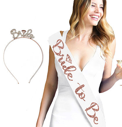 White & Rose Gold Diamond Luxury Bride Rhinestone Headband & Sash Set