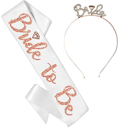 White & Rose Gold Diamond Luxury Bride Rhinestone Headband & Sash Set White & Rose Gold Diamond Luxury Bride Rhinestone Headband & Sash Set