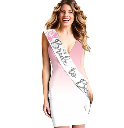 Pink Tying the Knot Silver Bride to Be on a white satin sash