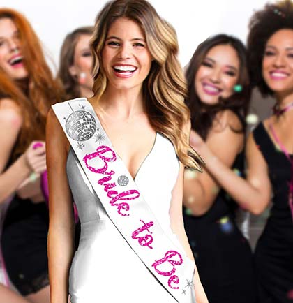 Magenta Bride to Be White Sash with Disco Ball Icons