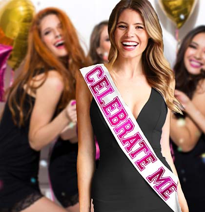 Celebrate Me Pink Mirror White Satin Sash