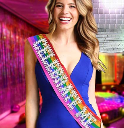 Celebrate Me premium rainbow satin sash with silver sparkle lettering