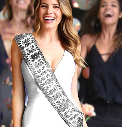 Celebrate Me silver sparkle sash with white lettering