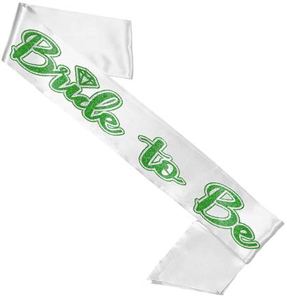 Green and Silver Bride to Be White Satin Sash