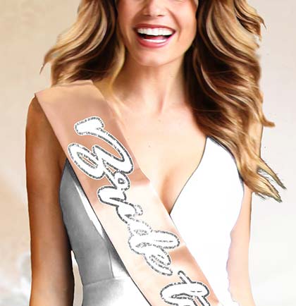White and silver Bride to Be on a champagne colored satin sash