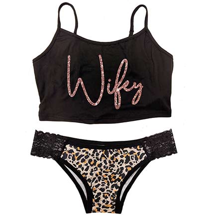 Rose Gold Wifey cropped black cami and animal print and lace bikini 