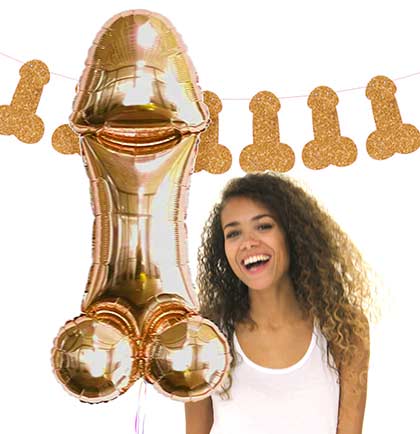Gold penis shaped mylar balloon and glitter banner
