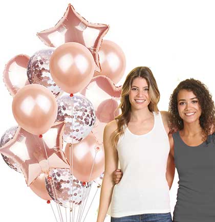 Set of fourteen blush balloon set including round, confetti filled, heart shaped and star shaped. 