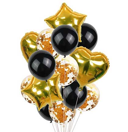 Set of fourteen gold and black balloon set including round, confetti filled, heart shaped and star shaped. 