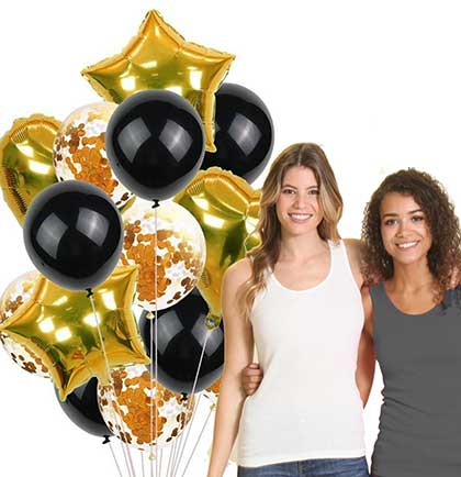 Set of fourteen gold and black balloon set including round, confetti filled, heart shaped and star shaped. 