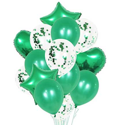 Set of fourteen green balloon set including round, confetti filled, heart shaped and star shaped. 