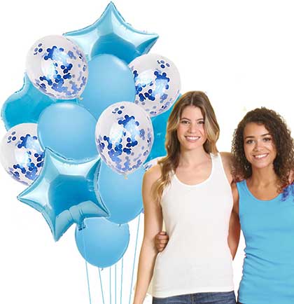 Set of fourteen light blue balloon set including round, confetti filled, heart shaped and star shaped. 