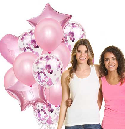 Set of fourteen pink balloon set including round, confetti filled, heart shaped and star shaped. 