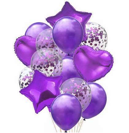 Set of fourteen purple balloon set including round, confetti filled, heart shaped and star shaped. 
