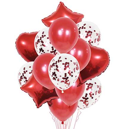 Set of fourteen red balloon set including round, confetti filled, heart shaped and star shaped. 