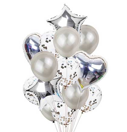 Set of fourteen silver balloon set including round, confetti filled, heart shaped and star shaped. 
