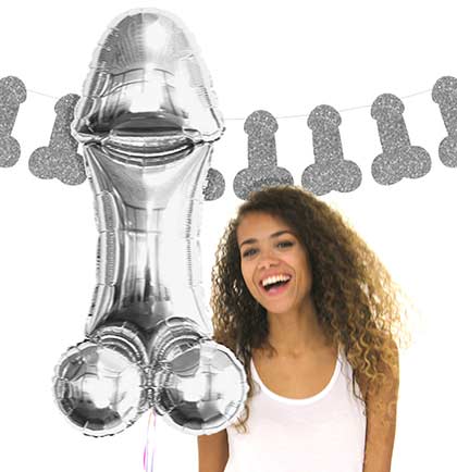 Silver penis shaped glitter banner and mylar balloon