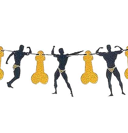 Decorative banner with black silhouettes hunks and gold penis shapes