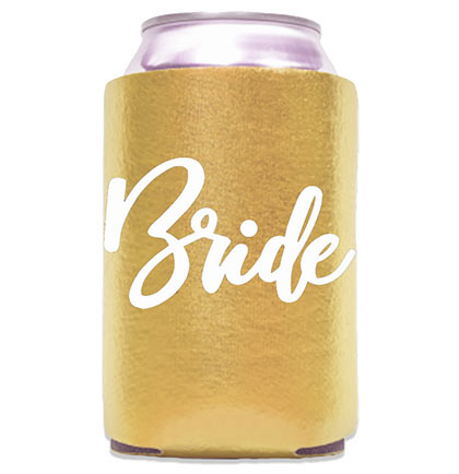 Gold can cooler with 'Bride' text on a white background
