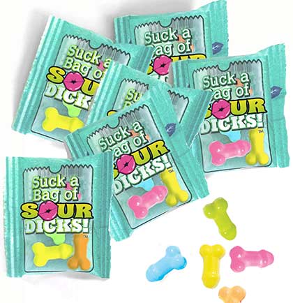 Suck a Bag of Sour Dicks Mini pack candy with approximately five colorful pastel penis shaped hard candies per pack.