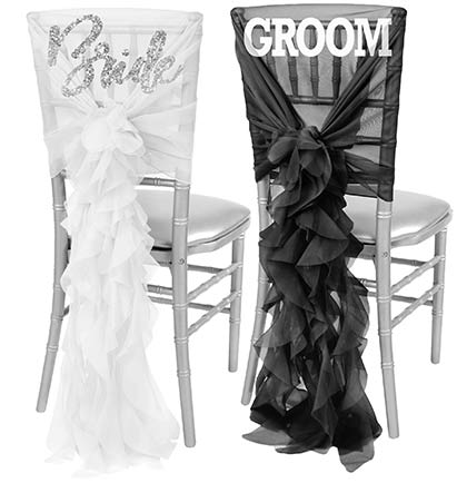 Silver Bride white chair cover and White Groom black cover with ruffles
