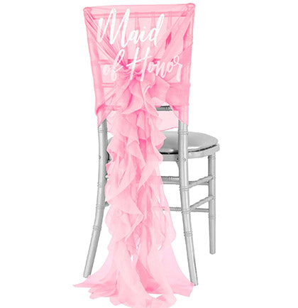 White Glam Maid of Honor Pink Organza Cap & Ruffle Chair Cover