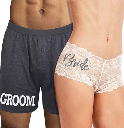 Groom Boxer &amp; Silver Glam Bride Boyshort - Set of 2