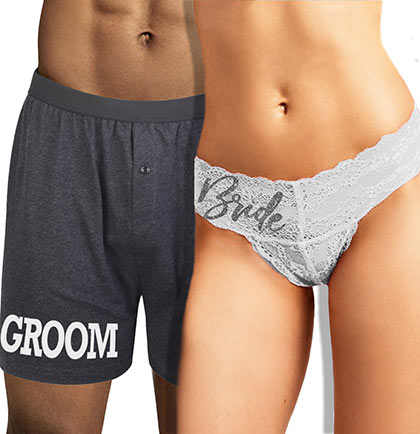 White Groom charcoal boxers and Silver Bride white thong set