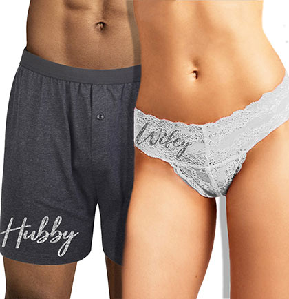 Hubby Boxer &amp; Silver Wifey Bride Thong - Set of 2