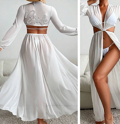 Bride Rhinestone Glam Sheer Cut-Out Cover Up Dress
