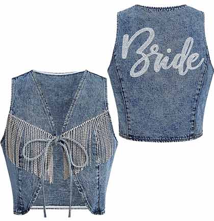 Denim vest with real rhinestone Bride on the back and plastic fringe on the front