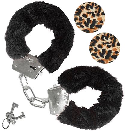 Leopard Print Round Shaped Pasties &amp; Black Fuzzy Handcuff Set