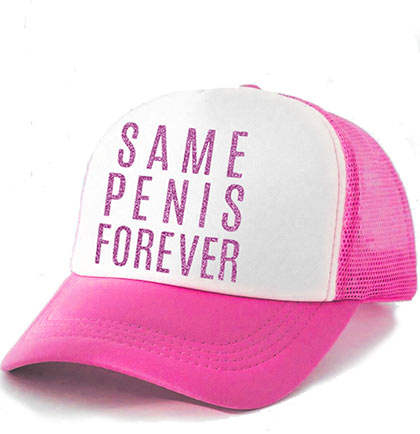 Pink and white cap with 'Same Penis Forever' text on a white background
