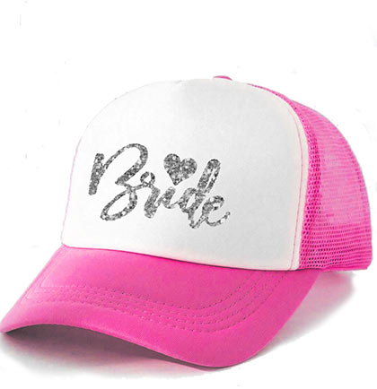 Pink and white cap with &#39;Bride&#39; text on a white background