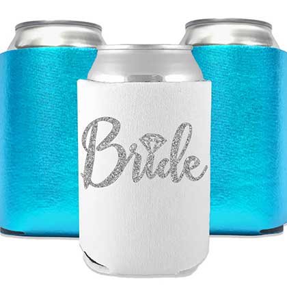 Silver Bride white can cover and two metallic turquoise can covers. 