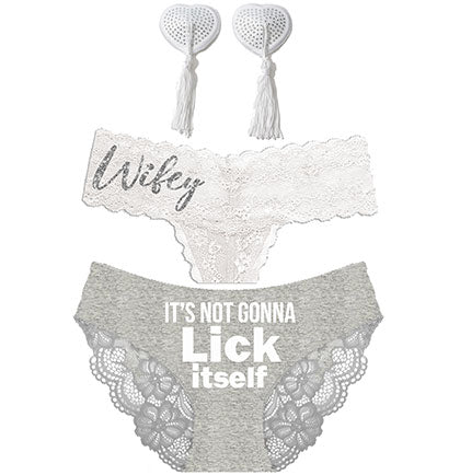 Silver Wifey White Thong, White Lick Grey Bikini Panty &amp; White Tassel Pasties - Set of 3