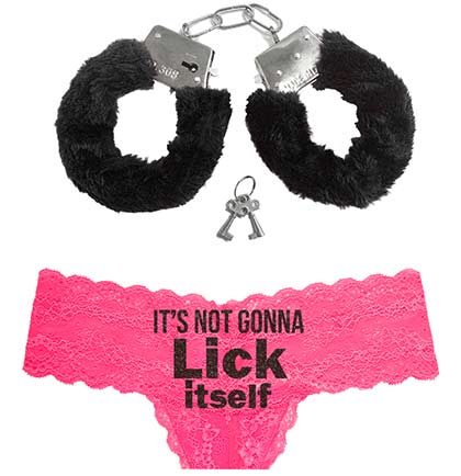 Black Lick Itself Hot Pink Thong & Black Handcuff Set - 2pc