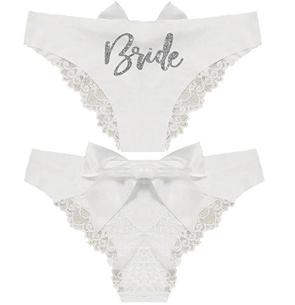 Silver Glam Bride Bow Back White Panty, Pasty & Handcuff - Set of 3