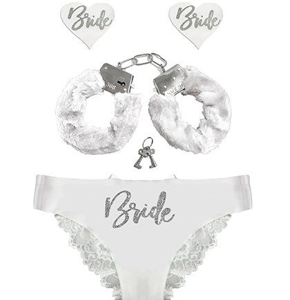 Silver Glam Bride Bow Back White Panty, Pasty &amp; Handcuff - Set of 3