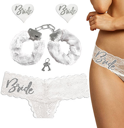 Silver Glam Bride White Thong, Pasty &amp; Handcuff Set