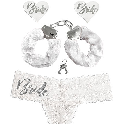 Silver Glam Bride White Thong, Pasty &amp; Handcuff Set