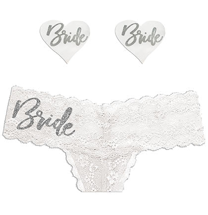 Silver Glam Bride White Thong, Pasty &amp; Handcuff Set
