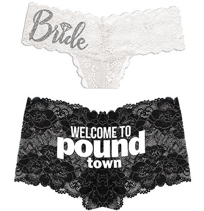 Silver Diamond Bride White Thong &amp; White Pound Town Black Boyshort - Set of 2