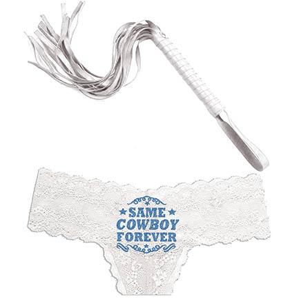 Denim & Diamonds Lingerie Set. Blue Same Cowboy Forever white lace thong panties and faux leather whip. 