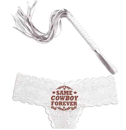 Gettin Hitched Bachelorette Party Panty Set. Brown Same Cowboy Forever White Lace Thong and faux leather whip. 