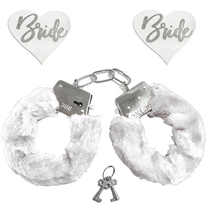 Heart Shaped Bride Nipple Pasties with White Fuzzy Metal Handcuffs with key.