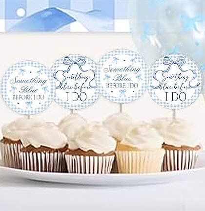 Set of 12 Something Blue Before I Do Cupcake Blue &amp; White Cupcake Toppers