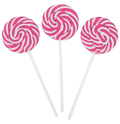 Set of three pink and white swirl lollipops.