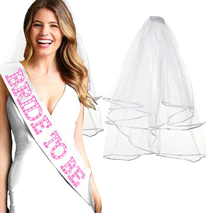 Bride to Be Gingham Sash &amp; Veil Set - Set of 2