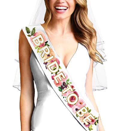 Bride to Be Watercolor Fall Floral Sash &amp; Veil Set - Set of 2